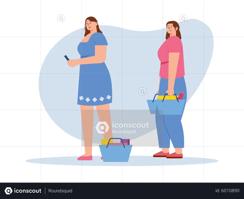 Woman standing queue in super market  Illustration