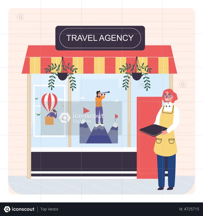 Woman standing shopfront with travelling catalog  Illustration