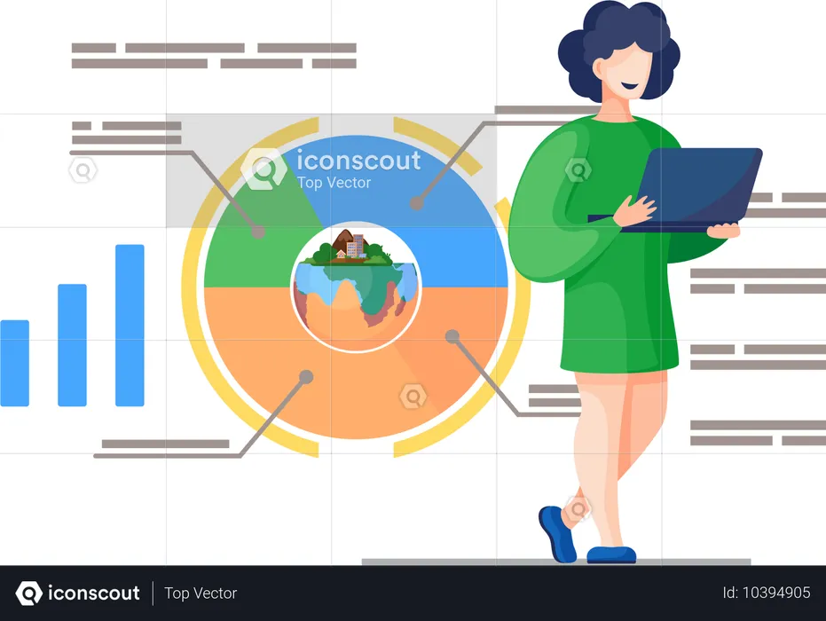 노트북을 들고 서 있는 여성이 환경 데이터 분석 그래프를 작성하고 있습니다.  일러스트레이션