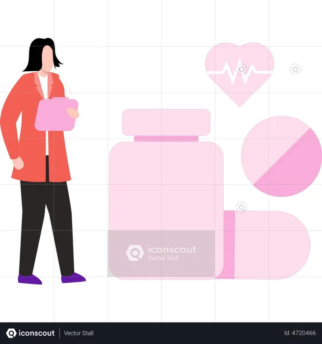Woman standing with medicine  Illustration