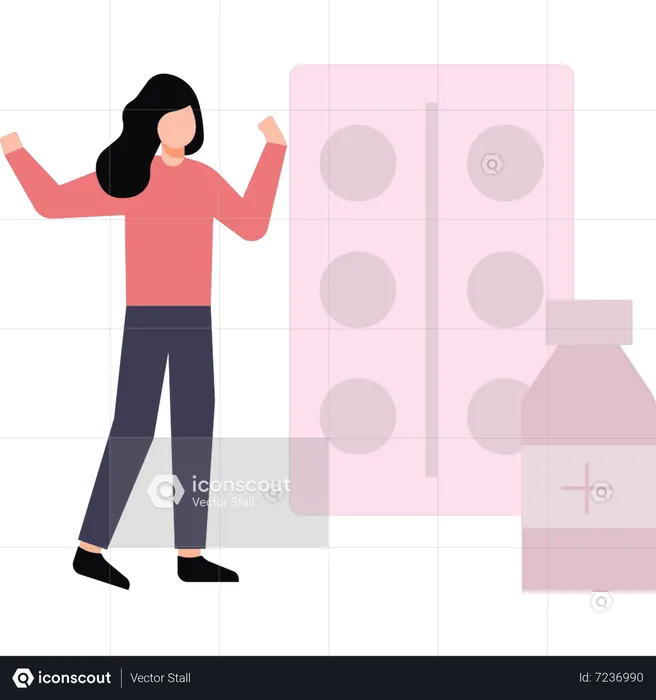 Woman standing with medicine  Illustration