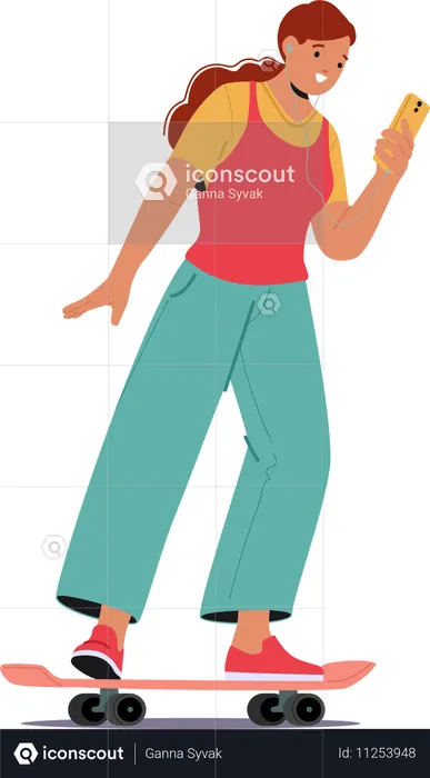 Woman standing with phone while doing skating on skateboard  Illustration