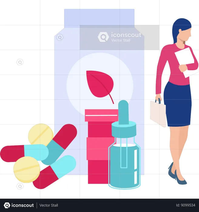 Woman standing with pills  Illustration