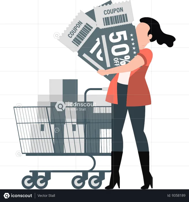 Woman standing with shopping discount coupon  Illustration