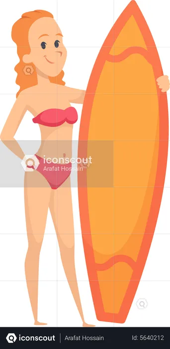 Woman standing with surfboard  Illustration