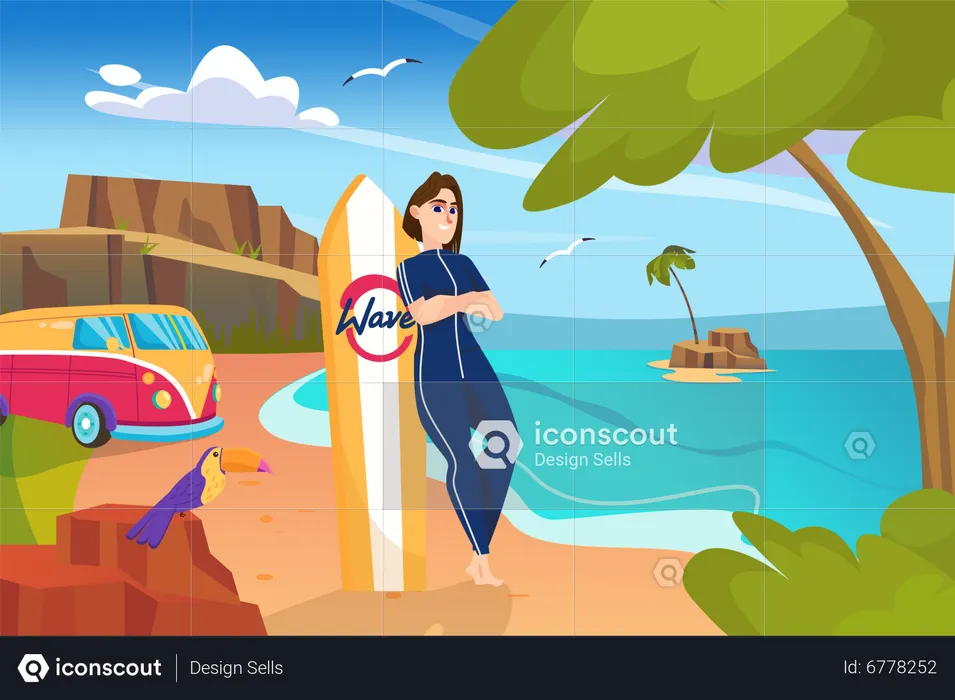 Woman standing with surfboard on beach  Illustration