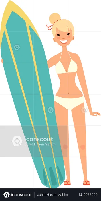 Woman standing with surfing board  Illustration