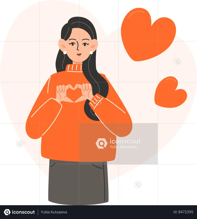 Woman stands and shows shape of a heart with her hands  Illustration