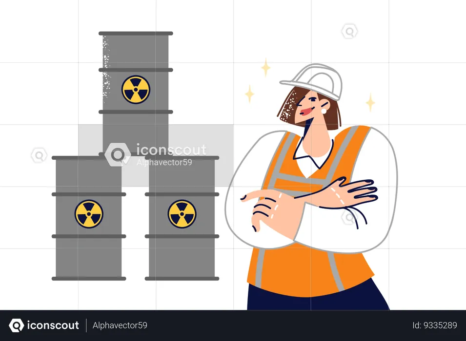 Woman stands near barrels of radioactive waste  Illustration