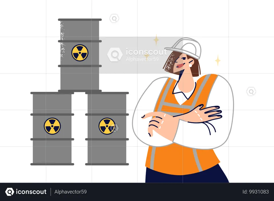 Woman stands near barrels of radioactive waste while calling for proper handling of toxic substances  Illustration