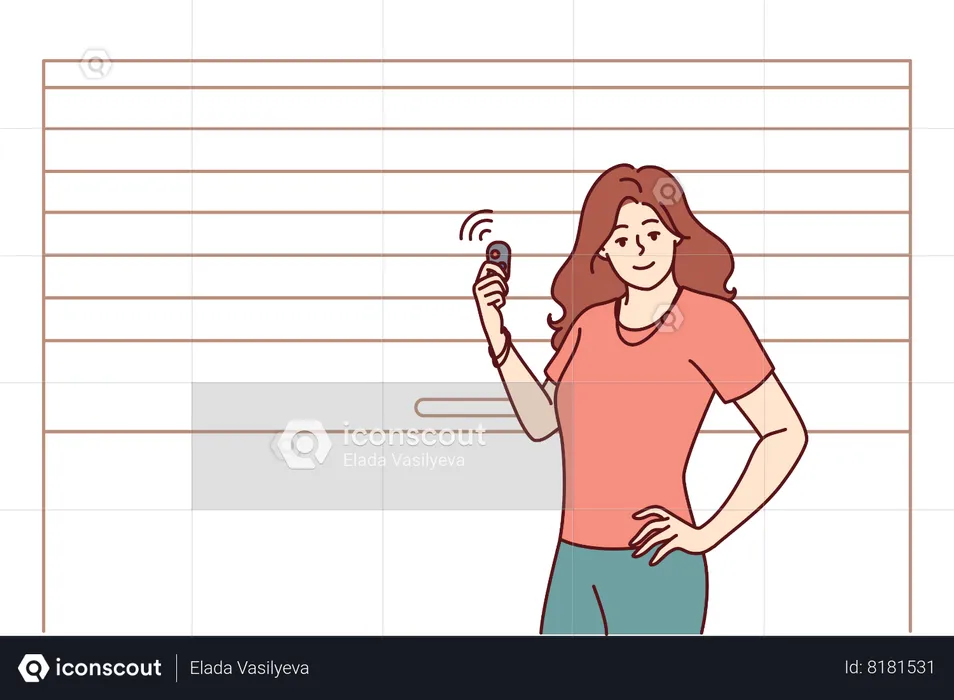 Woman stands near garage door pvc and uses electronic key to automatically open door  Illustration