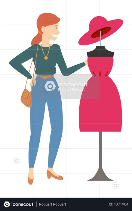 Woman stands near mannequin in ready made dress  Illustration