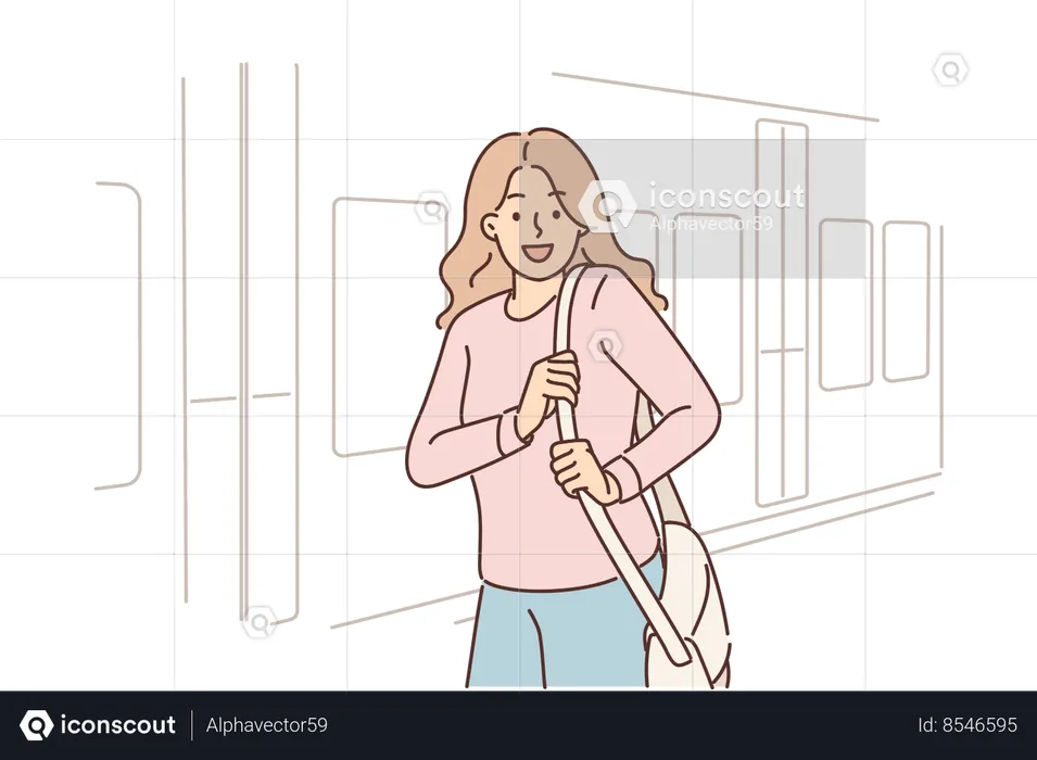 Woman stands near train car on platform of railway station and looks at screen smiling  Illustration