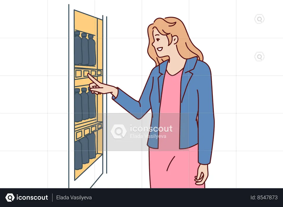 Woman stands near vending machine choosing snack or drink to buy and satisfy hunger and thirst  Illustration