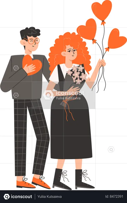 Woman stands next to a man and holds balls in shape of hearts for Valentines Day  Illustration