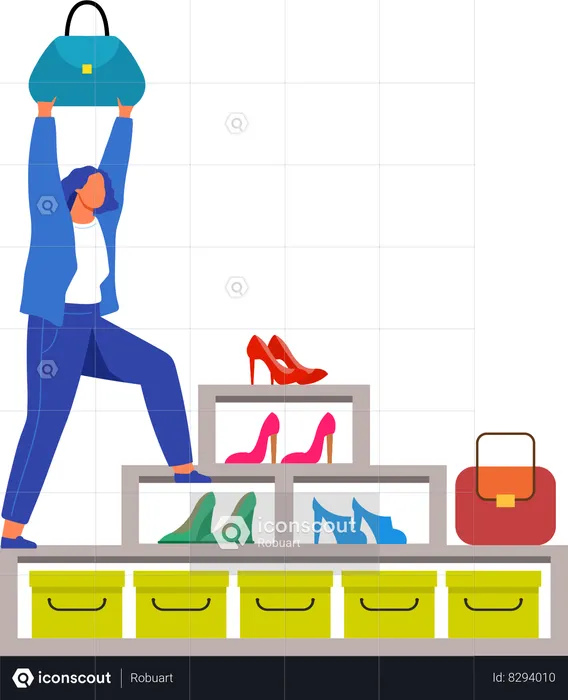 Woman stands on shoe stand in store  Illustration