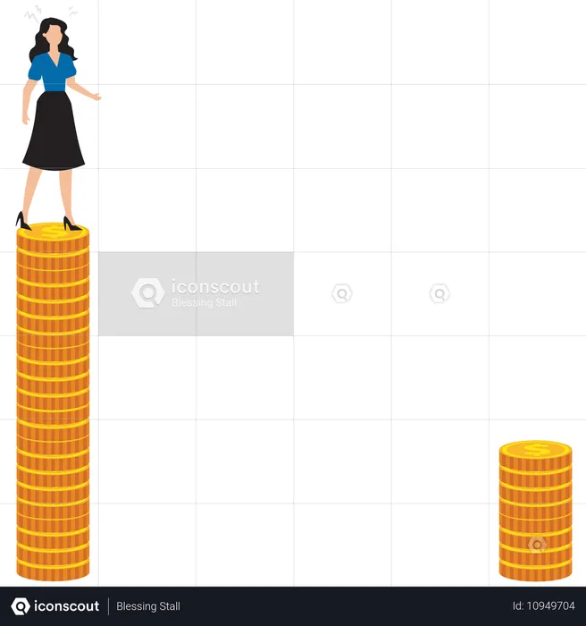 여자는 금화 더미 위에 서서 아래쪽에 있는 다른 더미를 바라보고 있습니다.  일러스트레이션