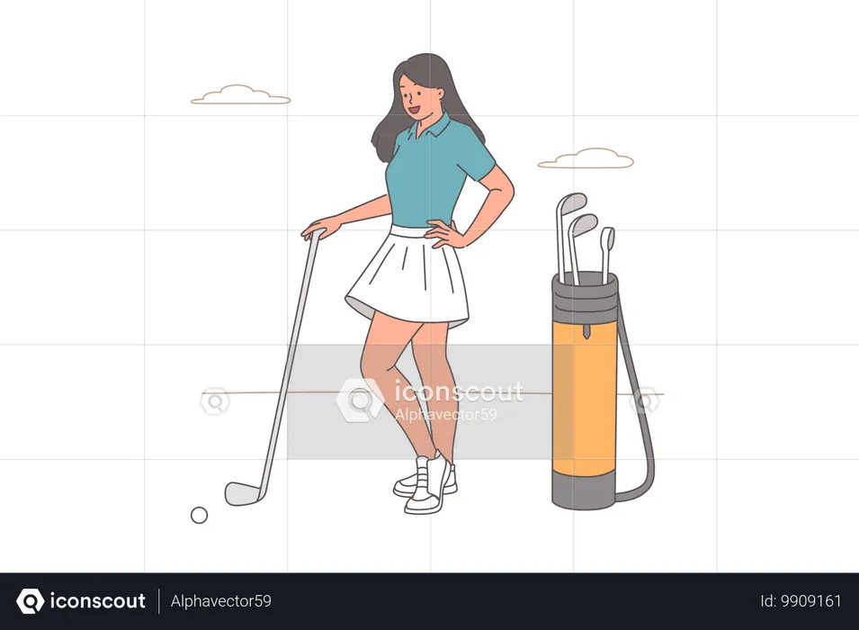 Woman stands with golf club and smiles and preparing to make shot to drive ball into hole  Illustration