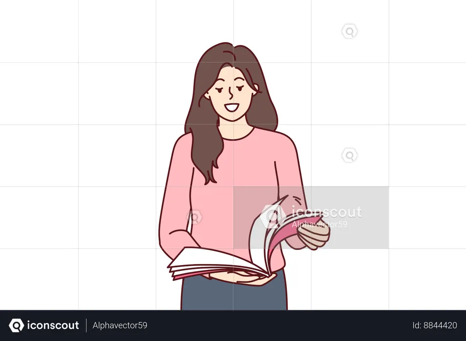 Woman stands with magazine in hands  Illustration