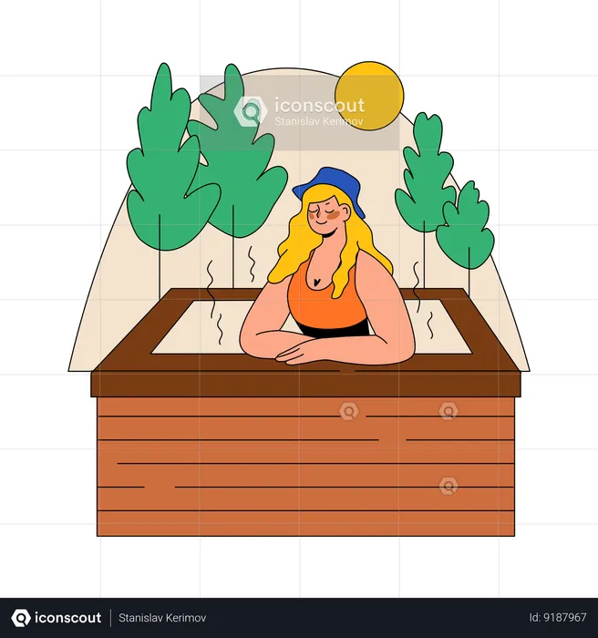Woman Steams In A Warm Wooden Pool  Illustration