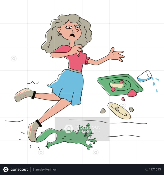 Woman stepped on a cat and fell  Illustration