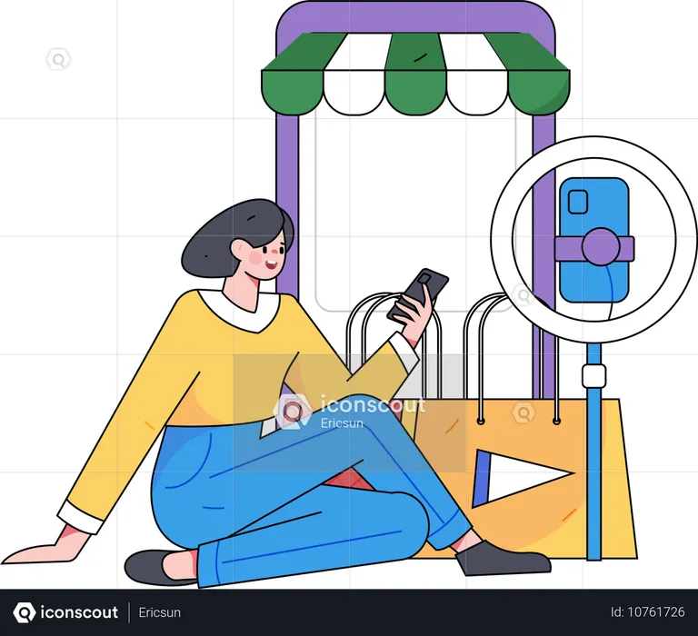 Woman streaming podcast through laptop  Illustration