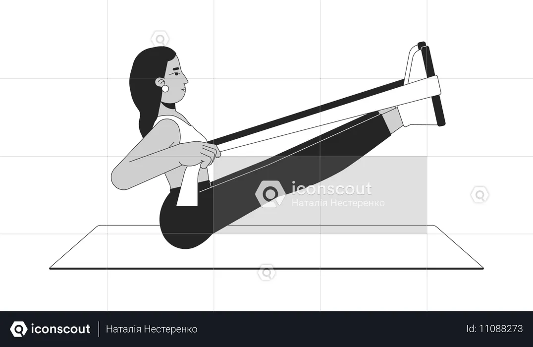 요가 매트 위에서 저항 밴드로 스트레칭하는 여성  일러스트레이션