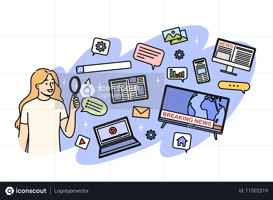 Woman studies news in media and social networks and mobile phone  Illustration