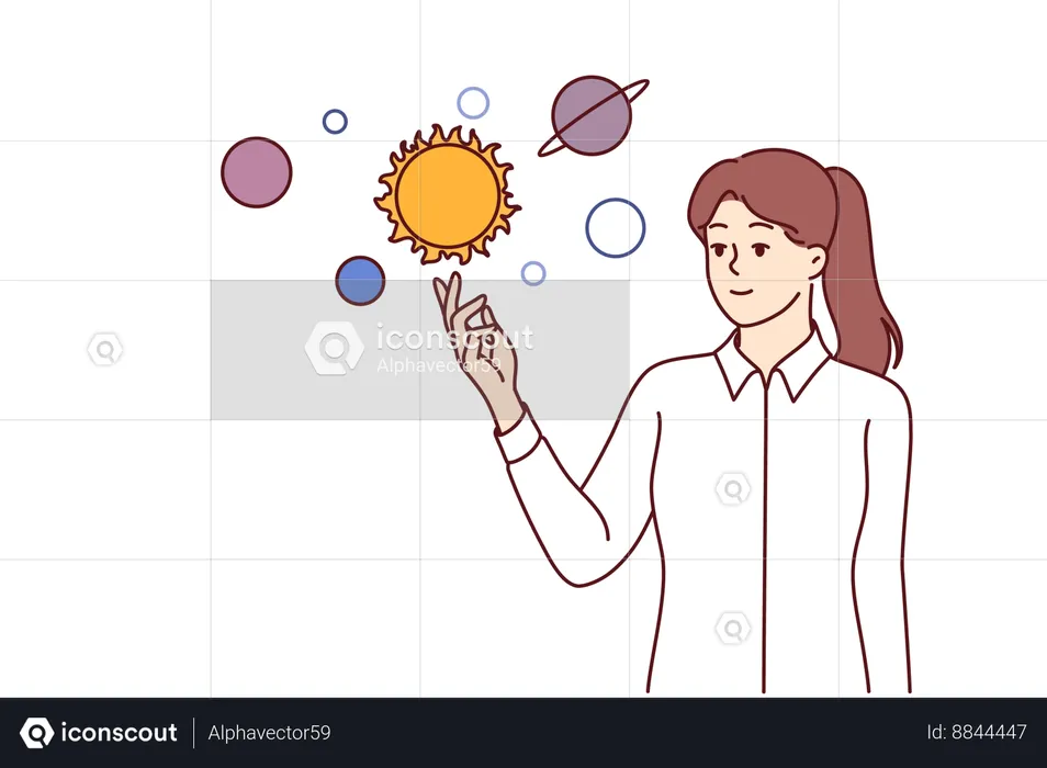 Woman studies outer space and solar system to make astrological forecast for future  Illustration