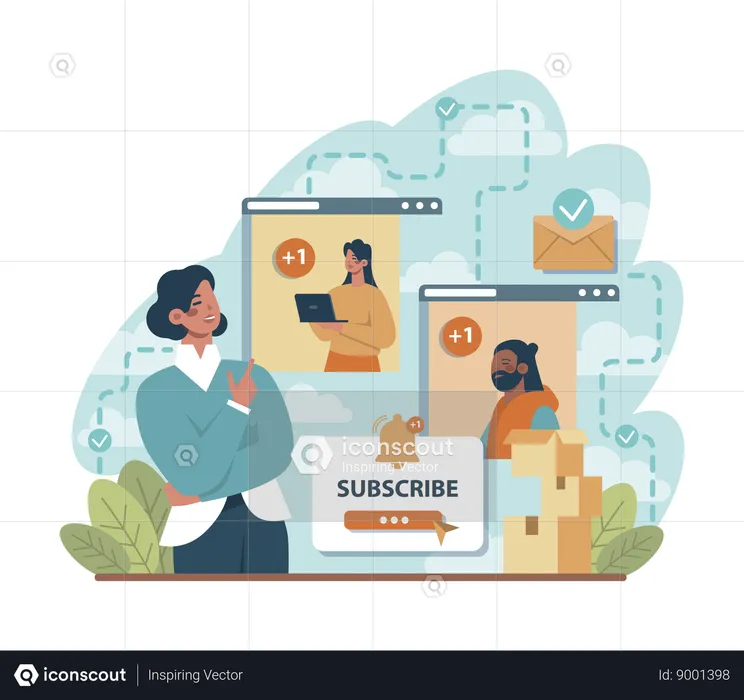 Woman subcribes through email  Illustration