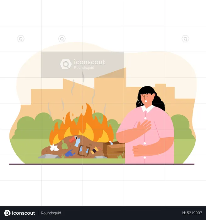 Woman suffering because of burning plastic waste  Illustration