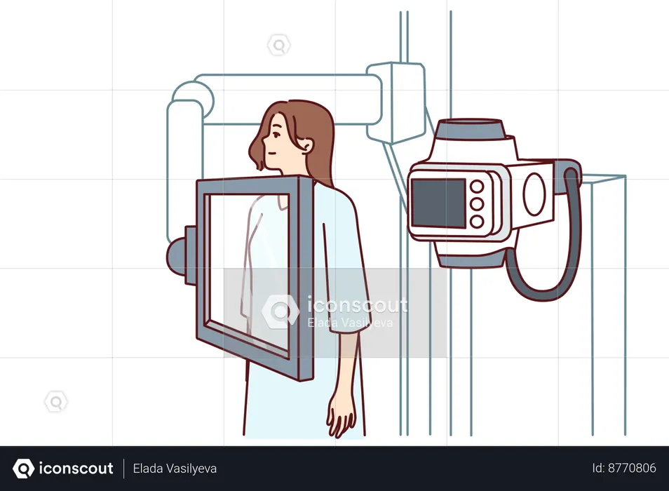 Woman suffering from cancer stands near x-ray machine  Illustration