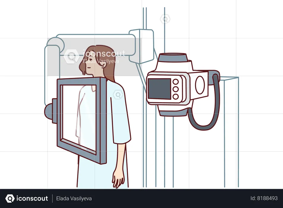 Woman suffering from cancer stands near x-ray machine for diagnosing disease  Illustration