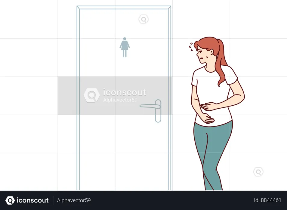 Woman suffering from diarrhea rushes to toilet standing near closed door due to stomach problems  Illustration