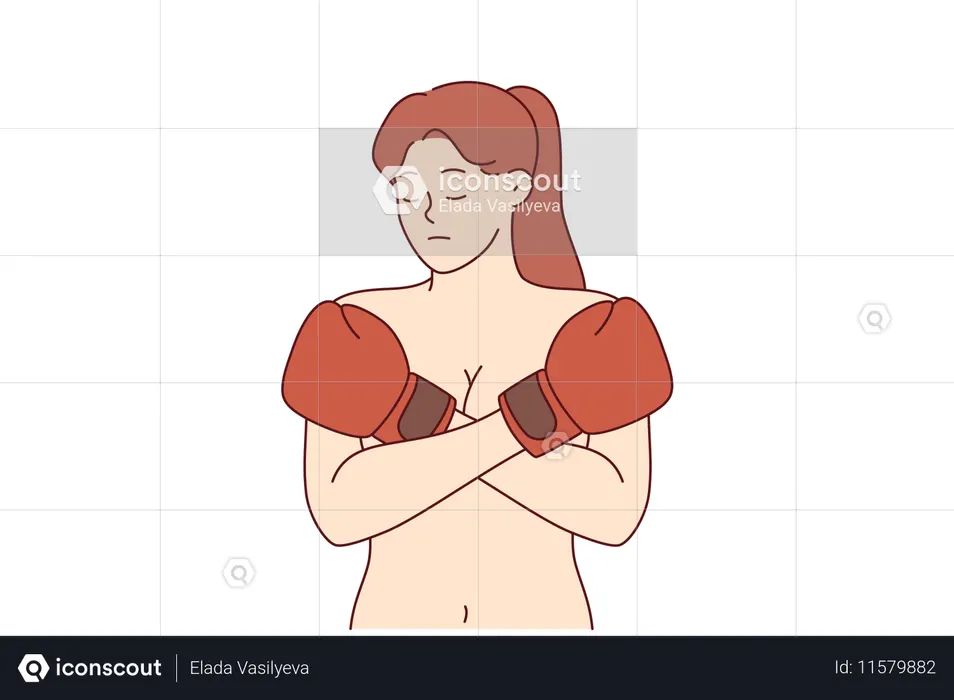 Woman suffering from domestic violence and male dominance covers bare chest with boxing gloves  Illustration
