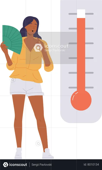 Young woman suffering from high temperature degree on thermometer  Illustration