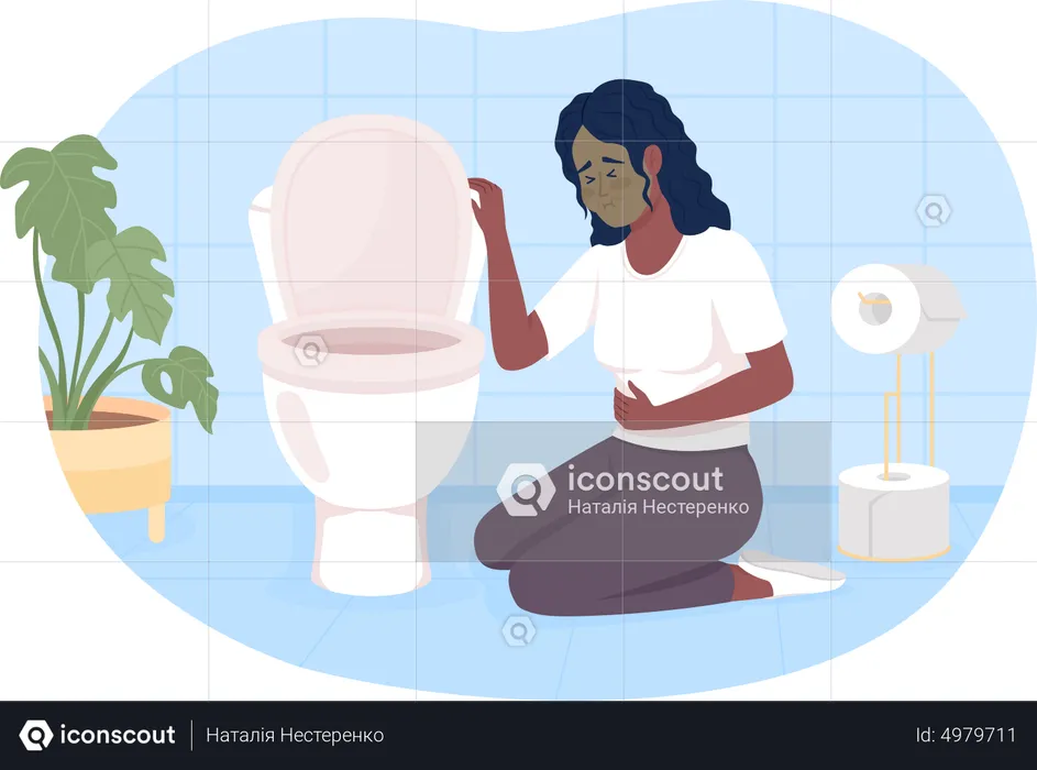 Woman suffering from nausea in bathroom  Illustration