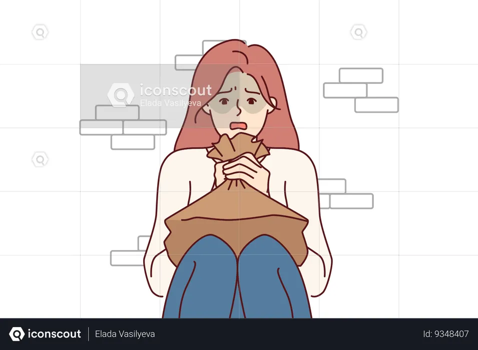 Woman suffering from panic attack holds paper bag for hyperventilation sitting on floor near wall  Illustration