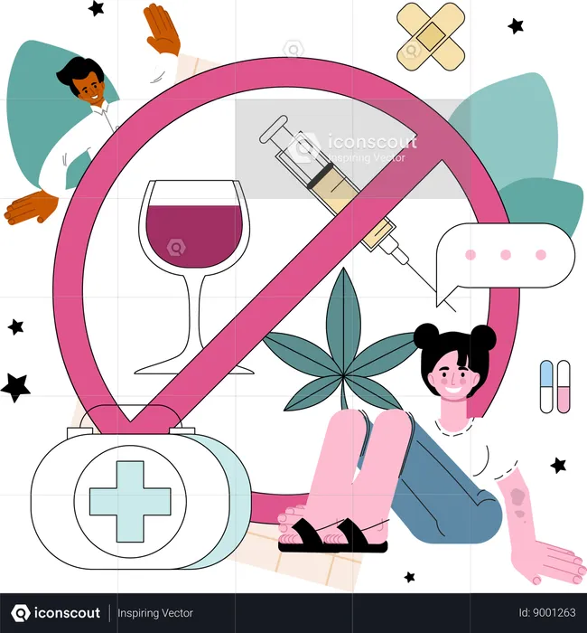 Woman suffers from alcohol addiction  Illustration