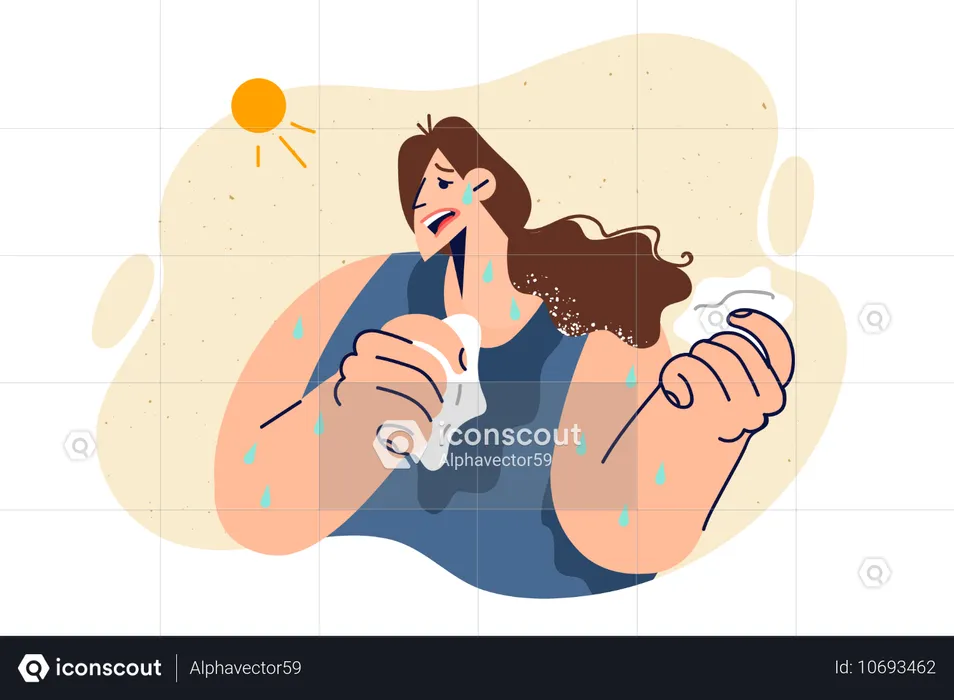 Woman suffers from heat causing exhaustion and sunstroke, breaking out in sweat due to bright sun  Illustration