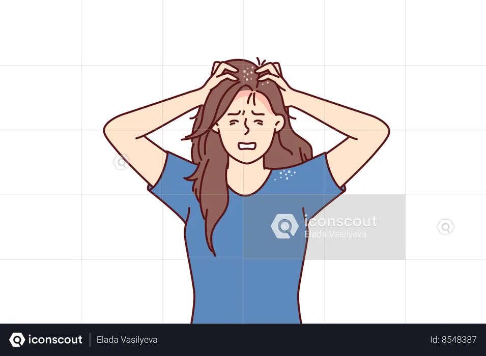 Woman suffers from itchy head after fungal infection and dandruff associated with bad hair shampoo  Illustration