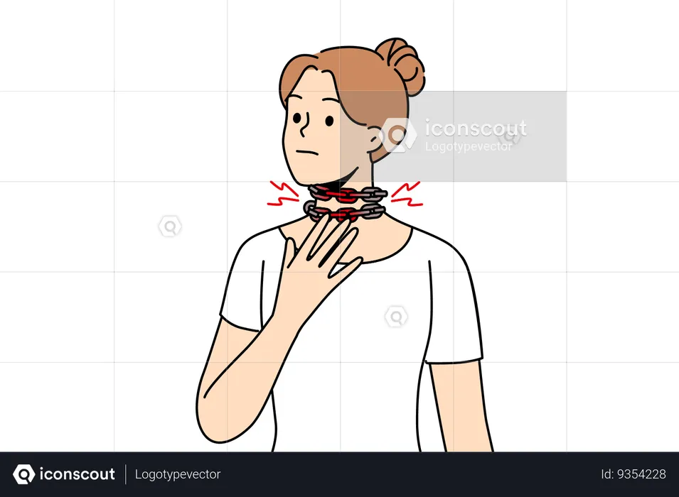 Woman suffers from suffocation squeezing throat and blocking access of oxygen  Illustration