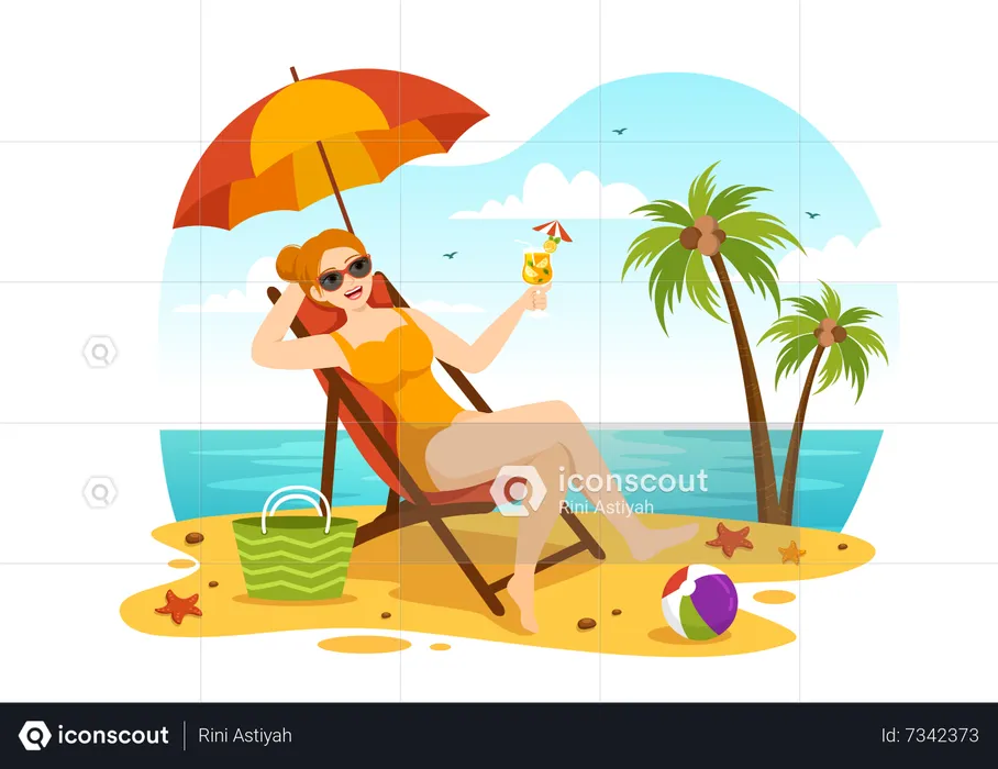 Woman  Sunbathing At Beach  Illustration