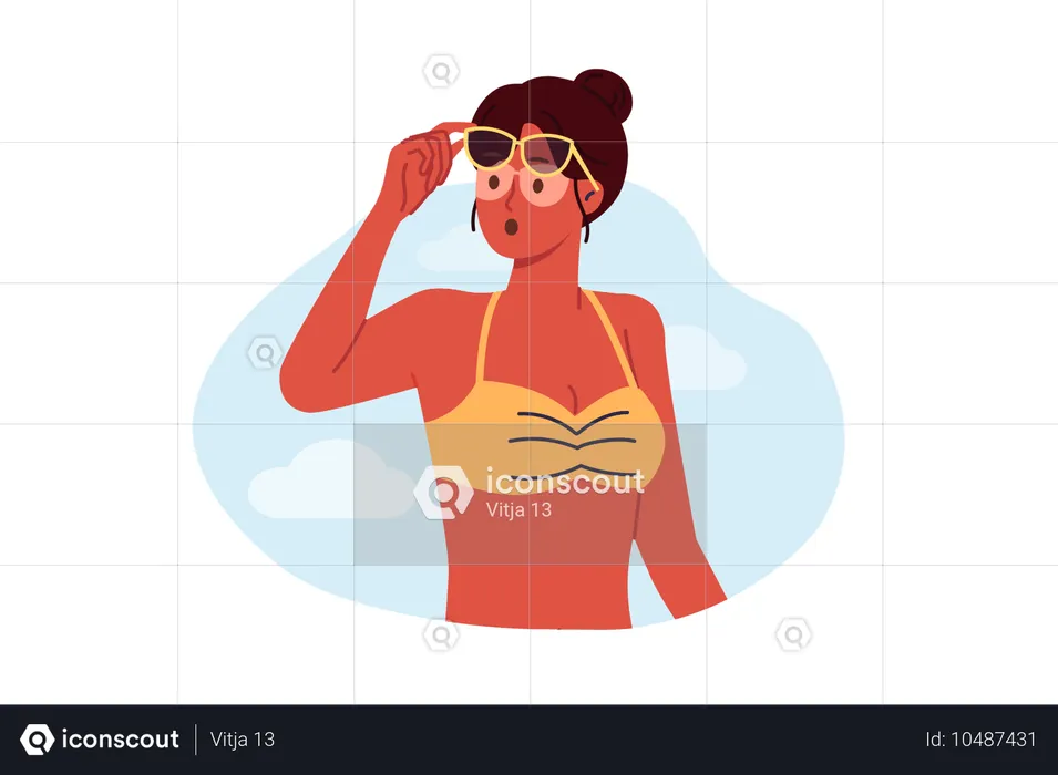 Woman sunbathing received sunburn on body and uneven tan due to sunglasses on eyes  Illustration