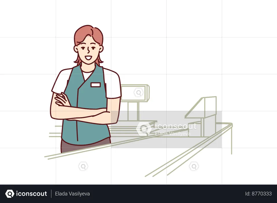 Woman supermarket cashier is standing in checkout area of store  Illustration