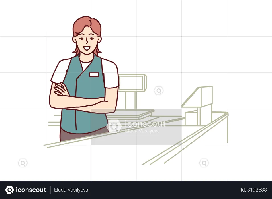 Woman supermarket cashier stands in checkout area of store with proudly arms crossed  Illustration