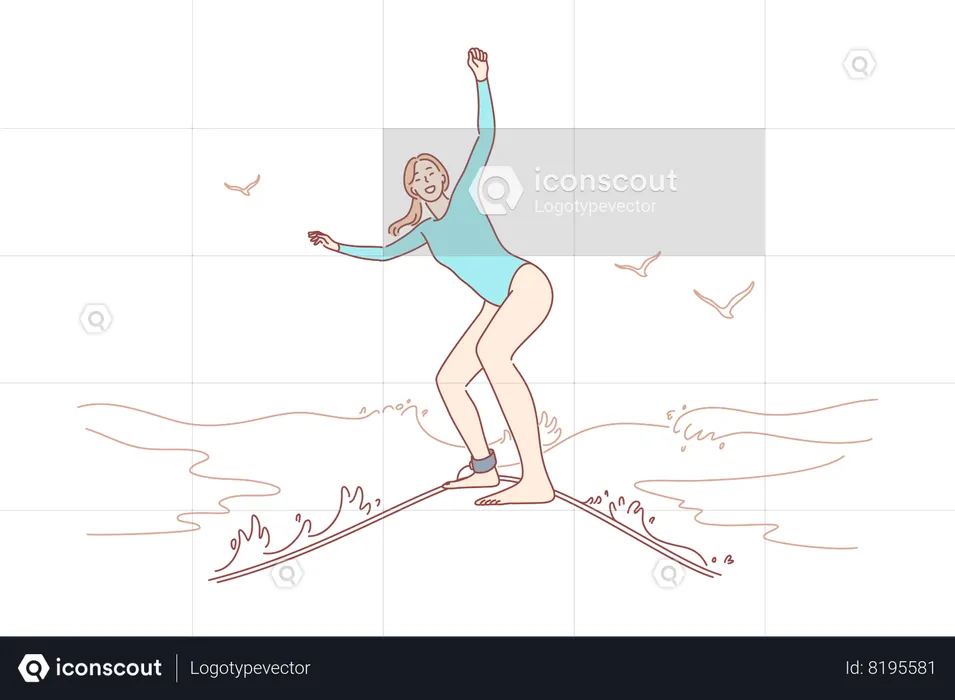 Woman surfer in bikini and catching ocean waves  Illustration