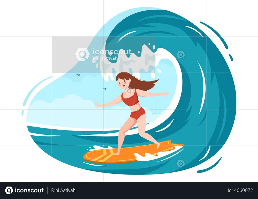 Woman surfing in sea  Illustration