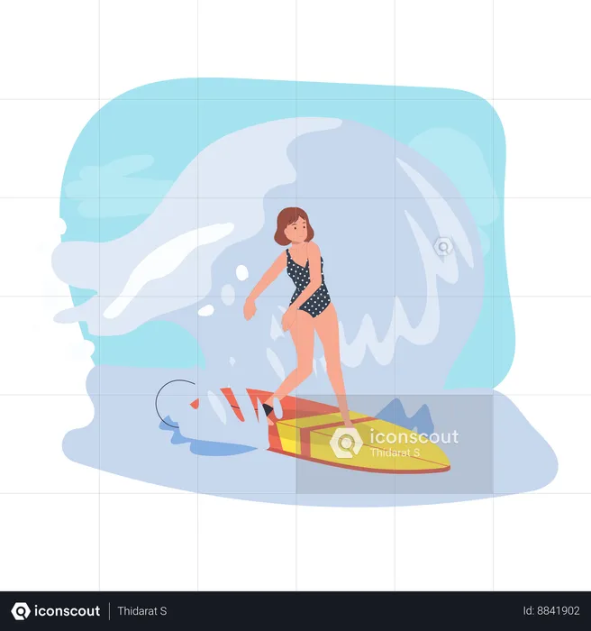 Woman Surfing with Surfboard on Big Wave  Illustration