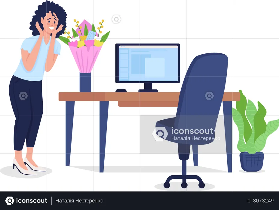 Woman surprised by bouquet at workplace  Illustration